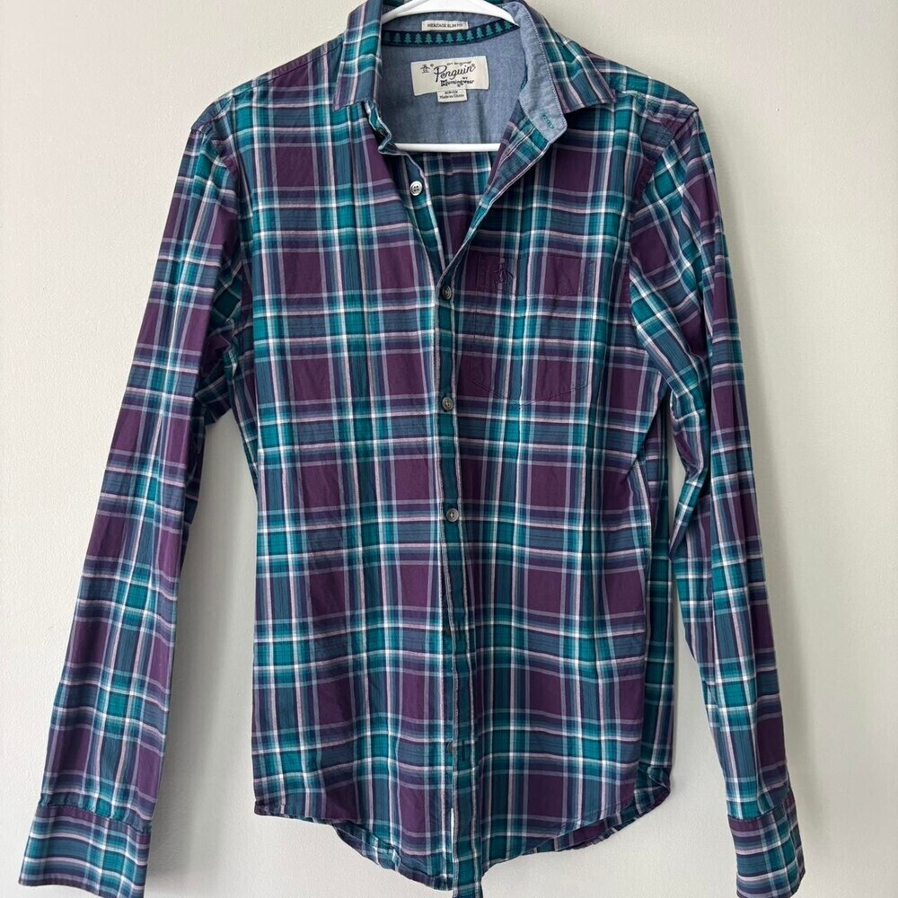 Preppy Vintage Gingham Purple & Green Plaid Cotton Flannel Shirt - Medium